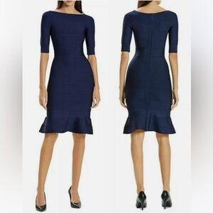 NWT Herve Leger Boat Neck Bandage Dress Classic Blue Sz XS